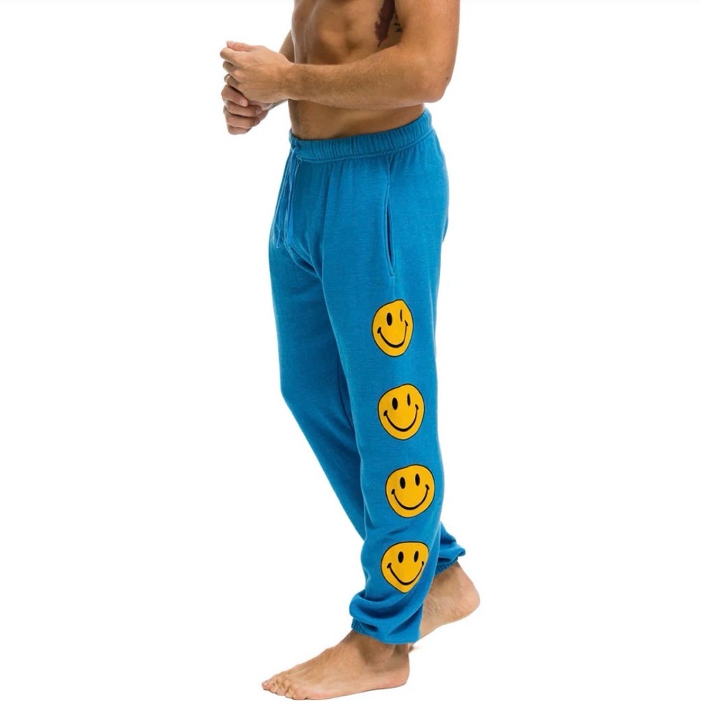Aviator Nation Blue Joggers with Yellow Smiley Faces
